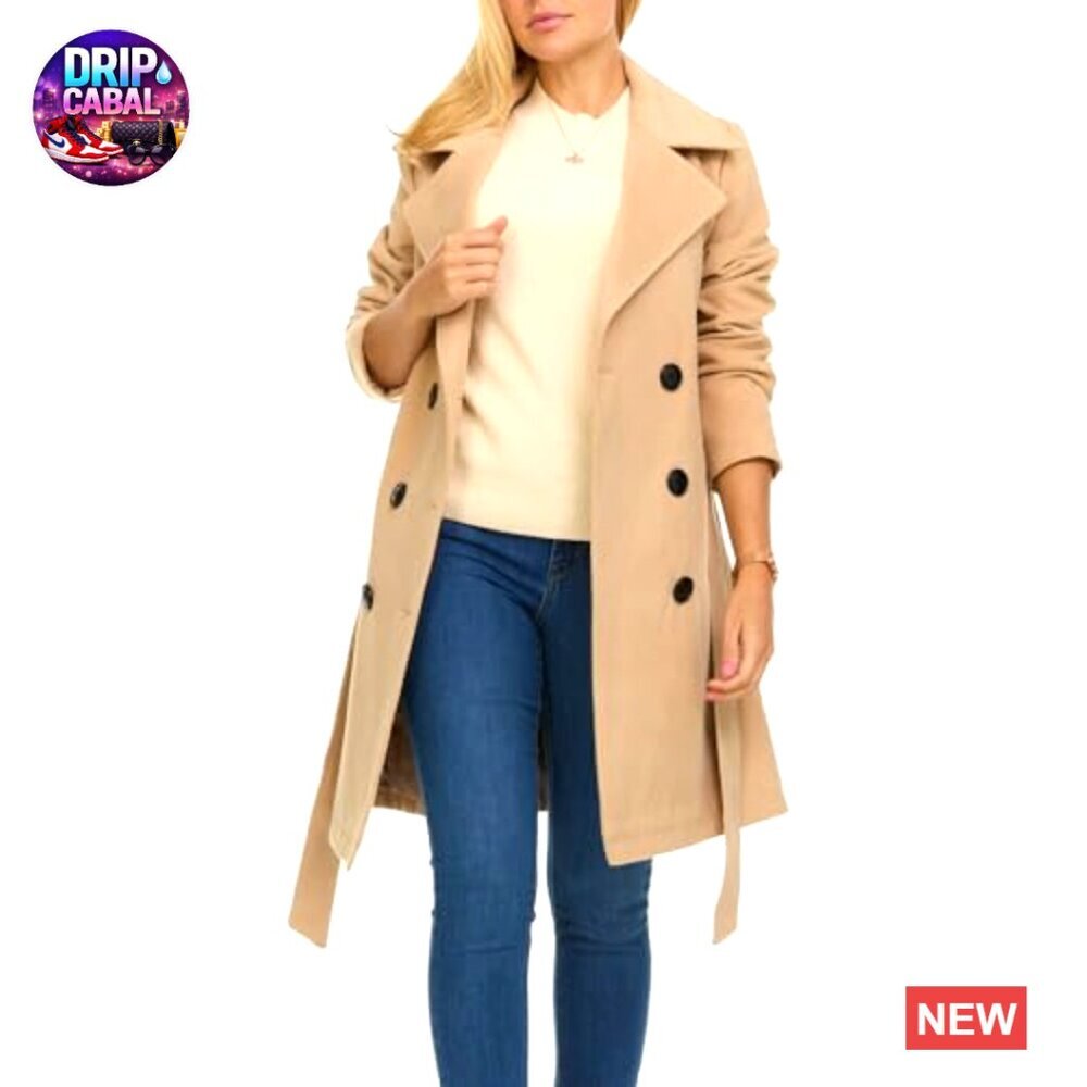 Double-Breasted Trench Coat Faux Wool Winter Elegant Classic Chic Oversized - Picture 2 of 7